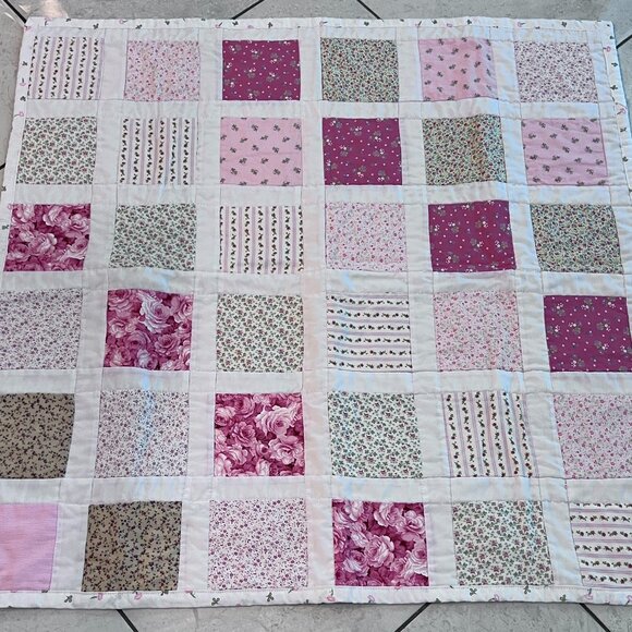 Baby Quilt Handmade Pink Floral Patchwork Blanket 33"x34" Cottagecore - Picture 1 of 9